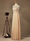 Lace Mix Chiffon Bridesmaid dress Champagne Straps Bateau Neck Floor length