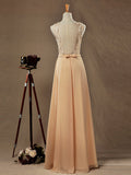 Lace Mix Chiffon Bridesmaid dress Champagne Straps Bateau Neck Floor length