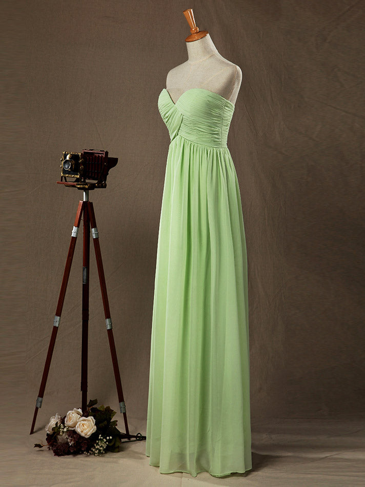 Sage Strapless Sweetheart Floor length Bridesmaid Dress with Criss Cross Ruching Pleats