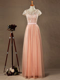 Lace mix Tulle Bridesmaid Dress Jewel Neck A-line Short Sleeves Evening Dress