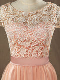 Lace mix Tulle Bridesmaid Dress Jewel Neck A-line Short Sleeves Evening Dress