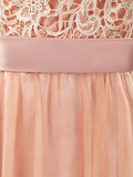 Lace mix Tulle Bridesmaid Dress Jewel Neck A-line Short Sleeves Evening Dress