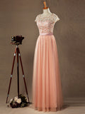 Lace mix Tulle Bridesmaid Dress Jewel Neck A-line Short Sleeves Evening Dress