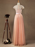 Lace mix Tulle Bridesmaid Dress Jewel Neck A-line Short Sleeves Evening Dress