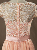 Lace mix Tulle Bridesmaid Dress Jewel Neck A-line Short Sleeves Evening Dress