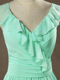 Sheath / Column V-neck Floor Length Chiffon Bridesmaid Dress Falbala Straps