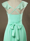 Sheath / Column V-neck Floor Length Chiffon Bridesmaid Dress Falbala Straps