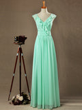Sheath / Column V-neck Floor Length Chiffon Bridesmaid Dress Falbala Straps
