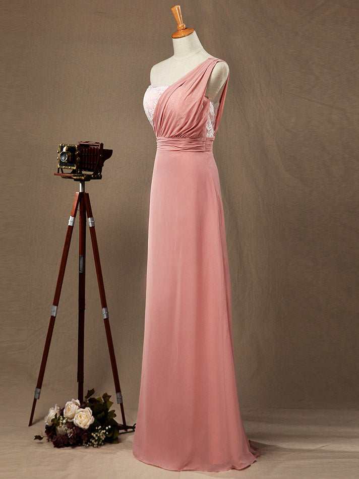 Sheath / Column One Shoulder Floor Length Chiffon match Lace Bridesmaid Dress