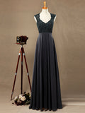 Sheath / Column V-neck Floor Length Chiffon match Lace Bridesmaid Dress with Pleats