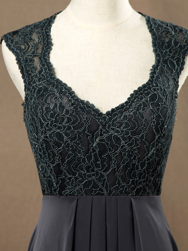 Sheath / Column V-neck Floor Length Chiffon match Lace Bridesmaid Dress with Pleats
