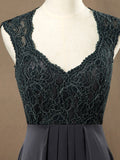 Sheath / Column V-neck Floor Length Chiffon match Lace Bridesmaid Dress with Pleats