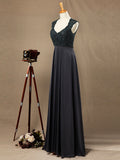 Sheath / Column V-neck Floor Length Chiffon match Lace Bridesmaid Dress with Pleats