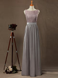 Sheath / Column Bateau Neck Floor Length Chiffon match Lace Bridesmaid Dress with Pleats