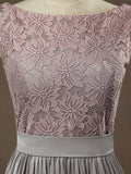 Sheath / Column Bateau Neck Floor Length Chiffon match Lace Bridesmaid Dress with Pleats