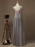 Sheath / Column Bateau Neck Floor Length Chiffon match Lace Bridesmaid Dress with Pleats