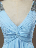 Sheath / Column V-neck Floor Length Chiffon Prom Evening Dress with Side Draping Criss Cross Beading
