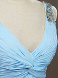 Sheath / Column V-neck Floor Length Chiffon Prom Evening Dress with Side Draping Criss Cross Beading