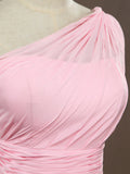 A-Line One Shoulder Floor Length Chiffon Bridesmaid Dress with Wide Belt