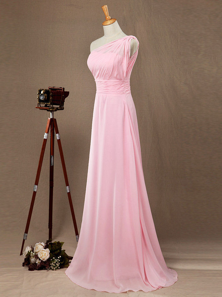 A-Line One Shoulder Floor Length Chiffon Bridesmaid Dress with Wide Belt
