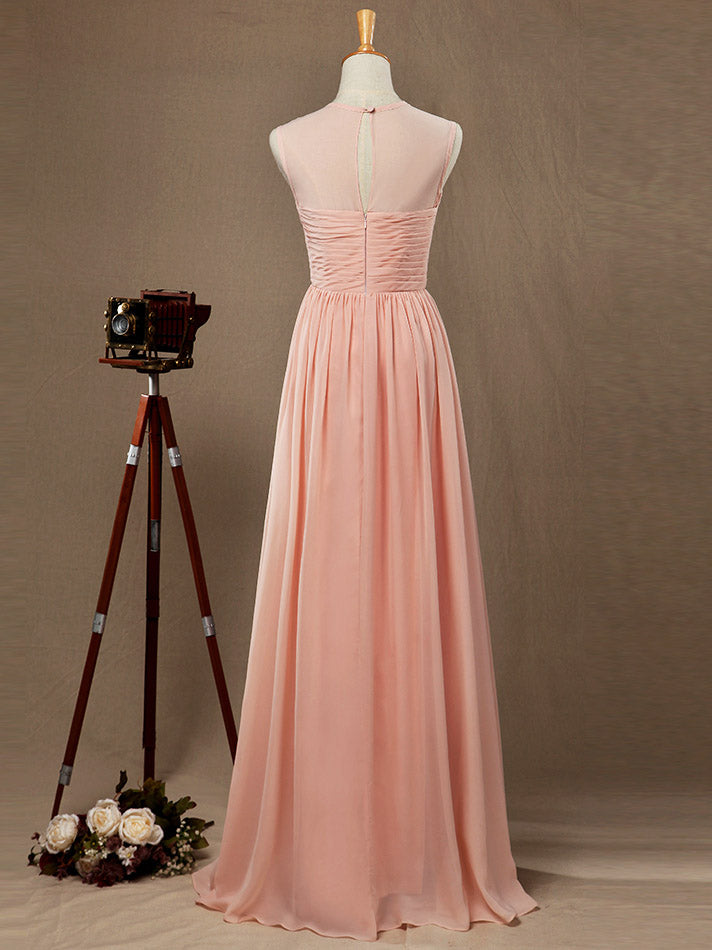 A-Line Jewel Neck Floor Length Chiffon Bridesmaid Dress