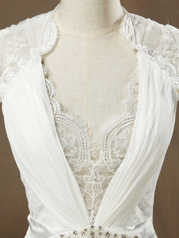 Sheath / Column Deep V-neck Cap Sleeves Chiffon match Lace Evening Dress