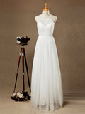 A-Line Jewel Neck Floor Length Tulle Bridesmaid Dress See Through with Pleats