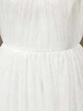 A-Line Jewel Neck Floor Length Tulle Bridesmaid Dress See Through with Pleats
