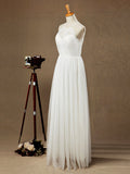 A-Line Jewel Neck Floor Length Tulle Bridesmaid Dress See Through with Pleats