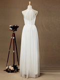 A-Line Jewel Neck Floor Length Tulle Bridesmaid Dress See Through with Pleats