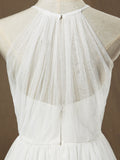 A-Line Jewel Neck Floor Length Tulle Bridesmaid Dress See Through with Pleats