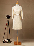 Sheath / Column Jewel Neck Knee Length Lace Bridesmaid Dress with Long Sleeves