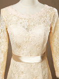 Sheath / Column Jewel Neck Knee Length Lace Bridesmaid Dress with Long Sleeves