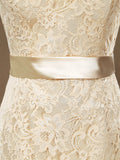 Sheath / Column Jewel Neck Knee Length Lace Bridesmaid Dress with Long Sleeves