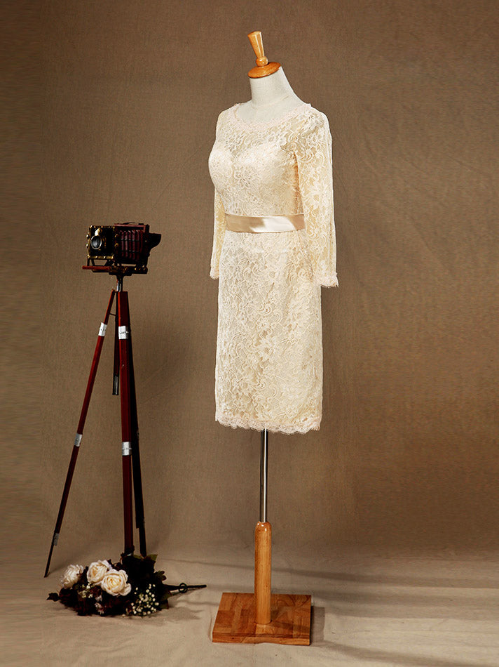 Sheath / Column Jewel Neck Knee Length Lace Bridesmaid Dress with Long Sleeves