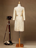 Sheath / Column Jewel Neck Knee Length Lace Bridesmaid Dress with Long Sleeves
