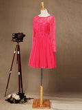 A-Line Jewel Neck Knee Length Chiffon Lace Bridesmaid Dress with Long Sleeves Open Back