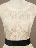 A-Line Jewel Neck Knee Length Lace Bridesmaid Dress Sleeveless with Belt