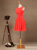 A-Line Coral Jewel-Neck Knee Length Chiffon Bridesmaid Dress