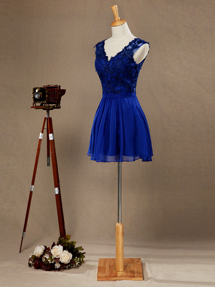 A-Line V-neck Mini Chiffon match Lace Cocktail Dress Open Back dressblee A-Line V-neck Mini Chiffon match Lace Cocktail Dress Open Back dressblee