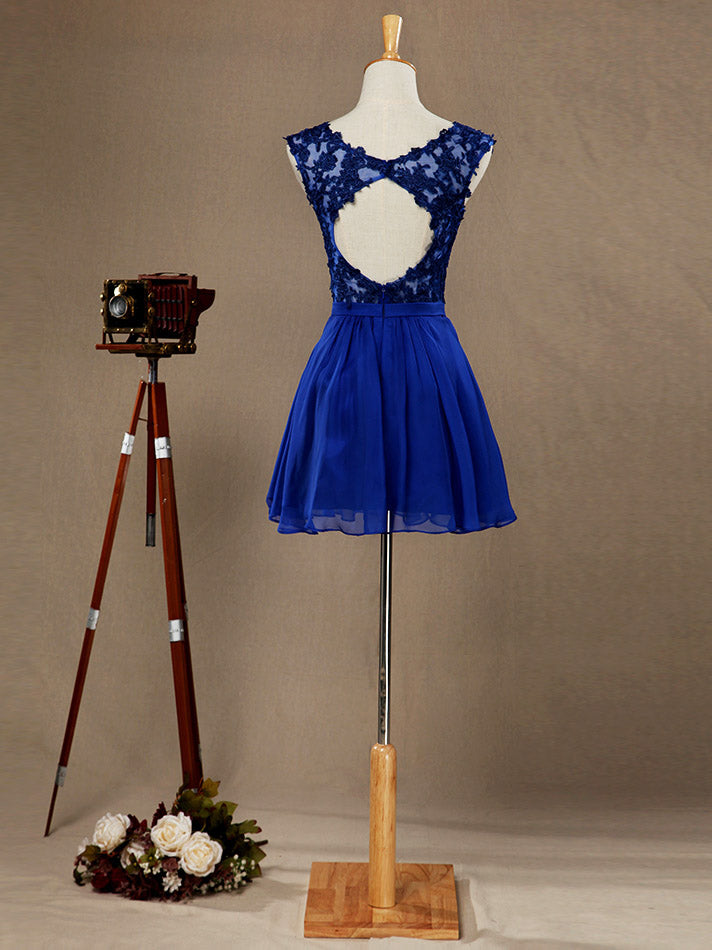 A-Line V-neck Mini Chiffon match Lace Cocktail Dress Open Back dressblee A-Line V-neck Mini Chiffon match Lace Cocktail Dress Open Back dressblee