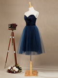 A-Line Strapless Sweetheart Knee Length Satin Tulle Bridesmaid Dress