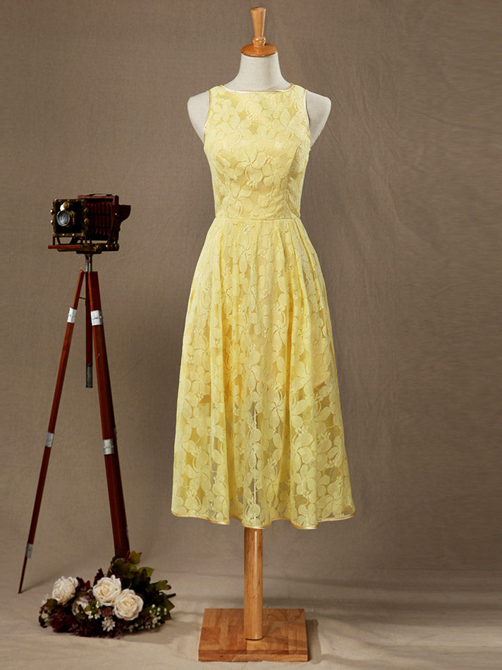 Sheath / Column Bateau Neck Tea Length Lace Bridesmaid Dress
