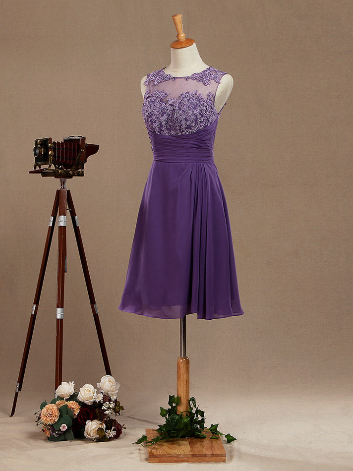 A-Line Knee Length Chiffon Bridesmaid Dress with Lace Jewel Neck Buttons