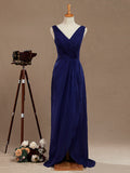 Chiffon Bridesmaid Dress Blue Sheath/Column V-neck V-back Double Straps Sleeveless