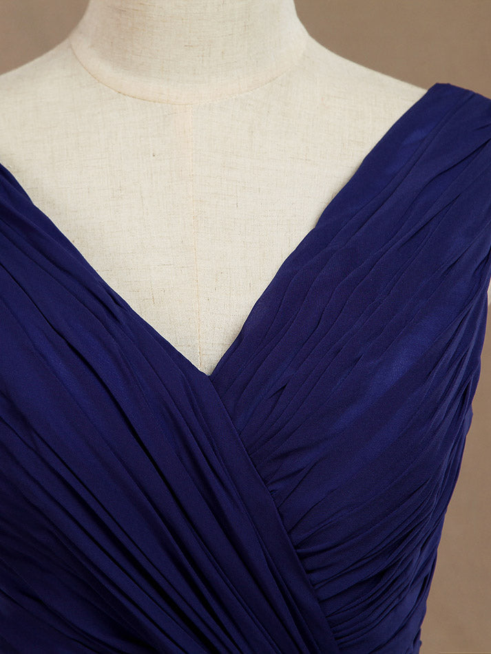 Chiffon Bridesmaid Dress Blue Sheath/Column V-neck V-back Double Straps Sleeveless