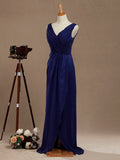 Chiffon Bridesmaid Dress Blue Sheath/Column V-neck V-back Double Straps Sleeveless
