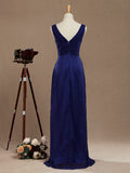 Chiffon Bridesmaid Dress Blue Sheath/Column V-neck V-back Double Straps Sleeveless