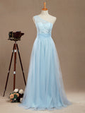 A-Line One Shoulder Floor Length Chiffon Lace Bridesmaid Dress with Pleats