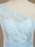 A-Line One Shoulder Floor Length Chiffon Lace Bridesmaid Dress with Pleats